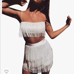 White two piece fringe outfit